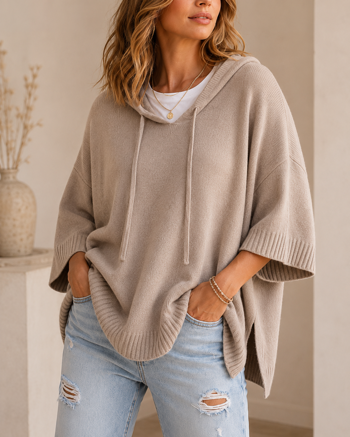 Relaxed Fit Women's 3/4 Sleeve Hoodie