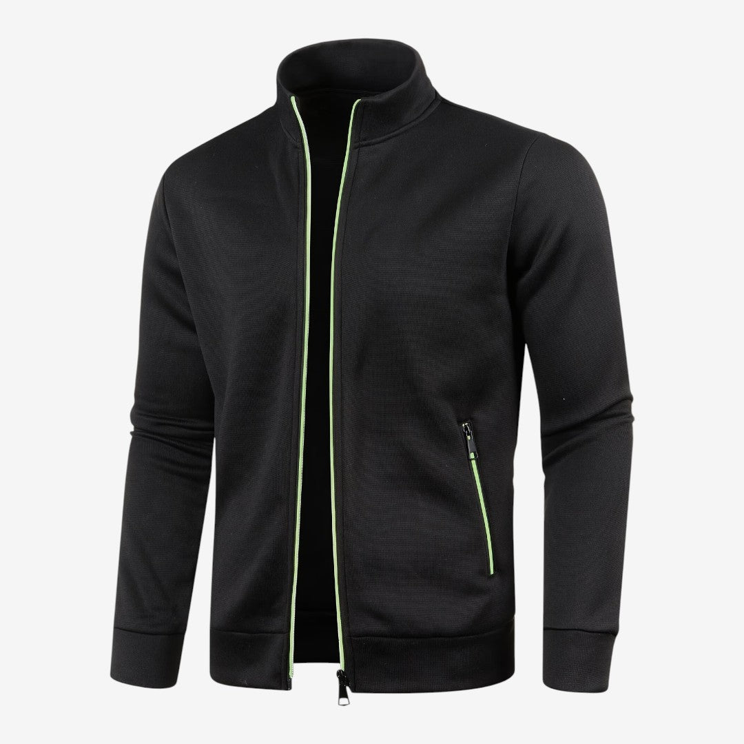 Sleek Men's Knit Zip Jacket with High Collar and Zippered Pockets