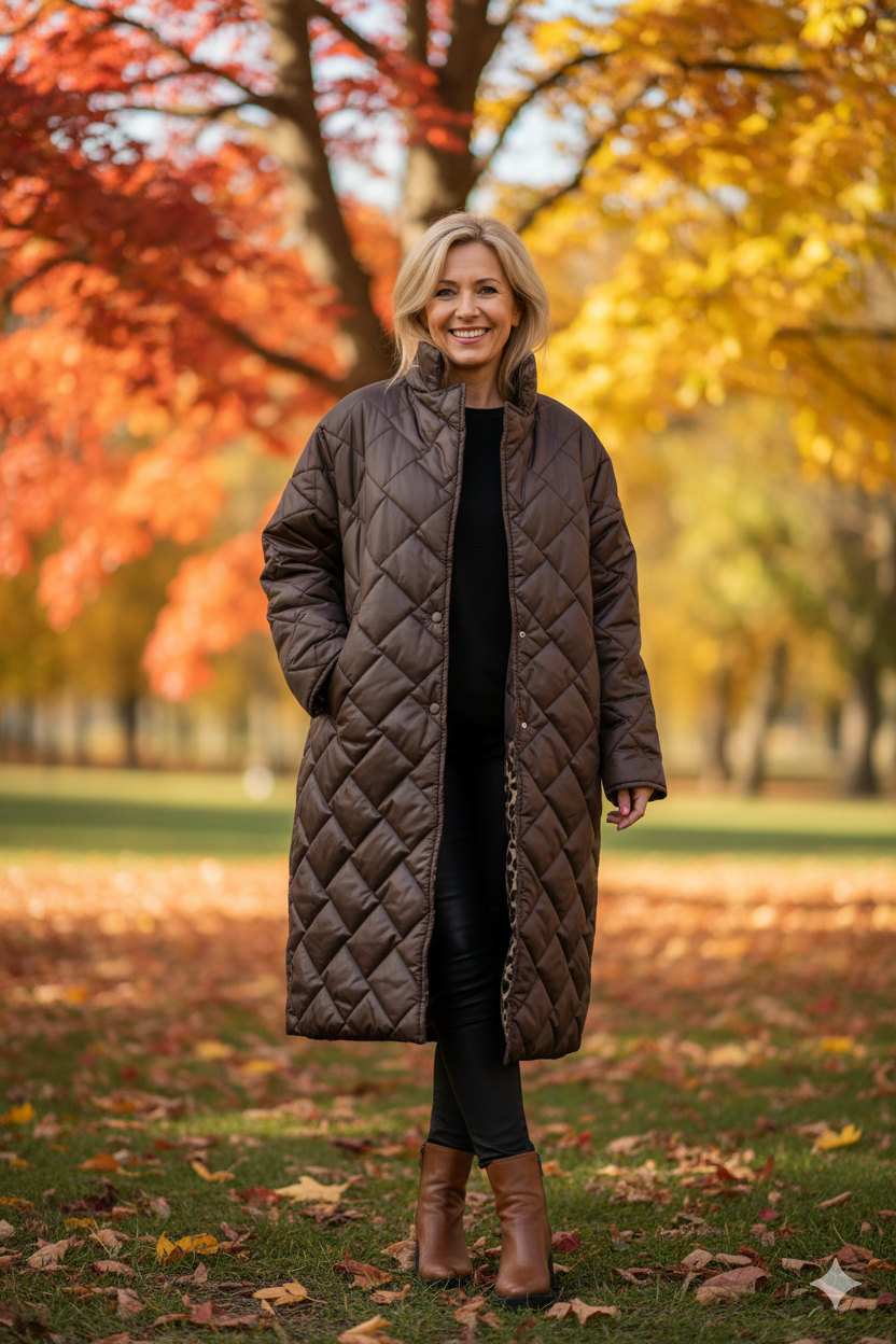 Long Padded Coat for Women Reversible with Leopard Print