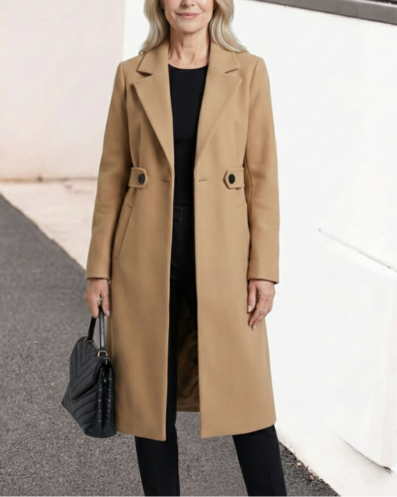 Elegant Women's Coat with Notched Collar, Defined Waist, Straight Fit, and Flap Pockets