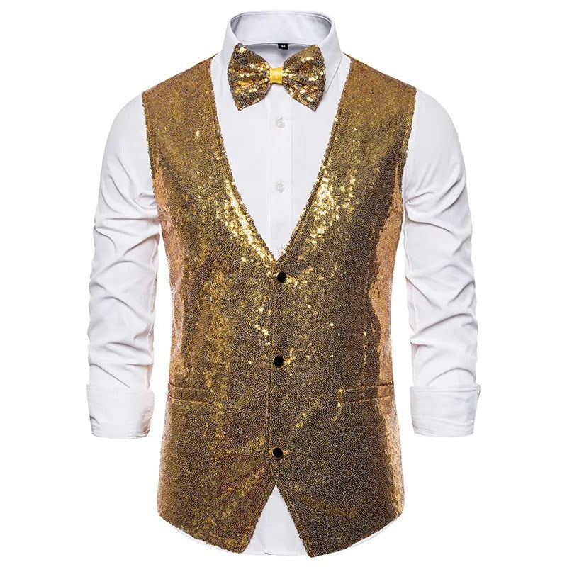 Men's Glittering Sleeveless Waistcoat with Bow Tie – Single-Breasted Party Attire Adorned with Sparkling Stones