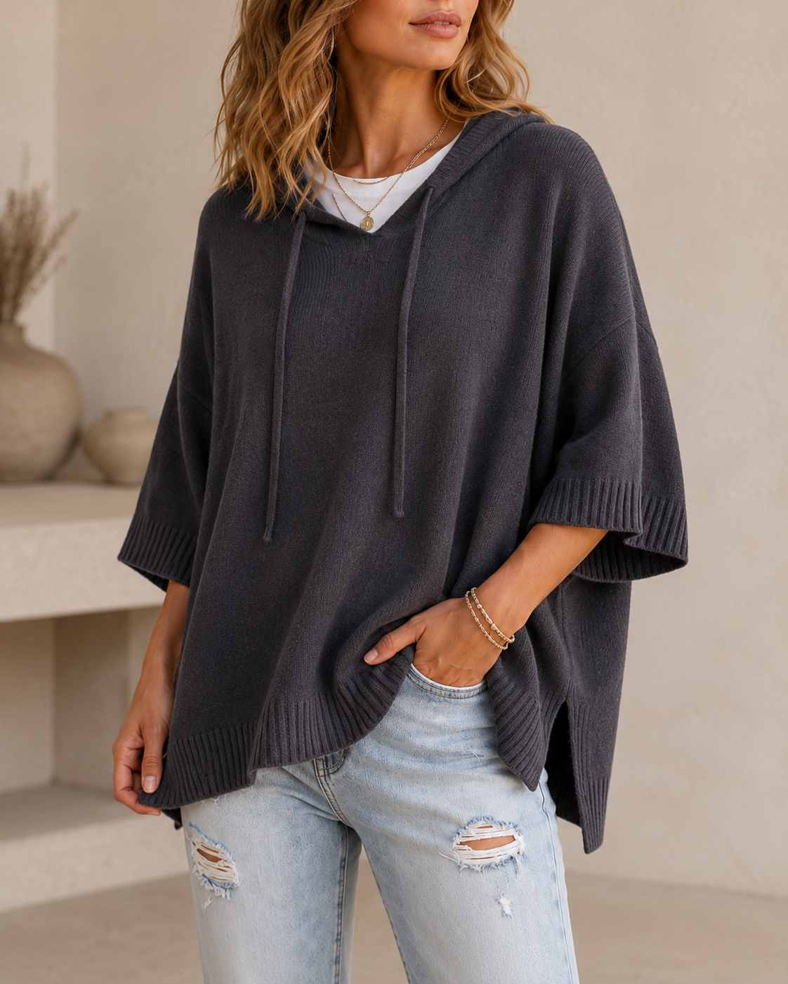 Relaxed Fit Women's 3/4 Sleeve Hoodie