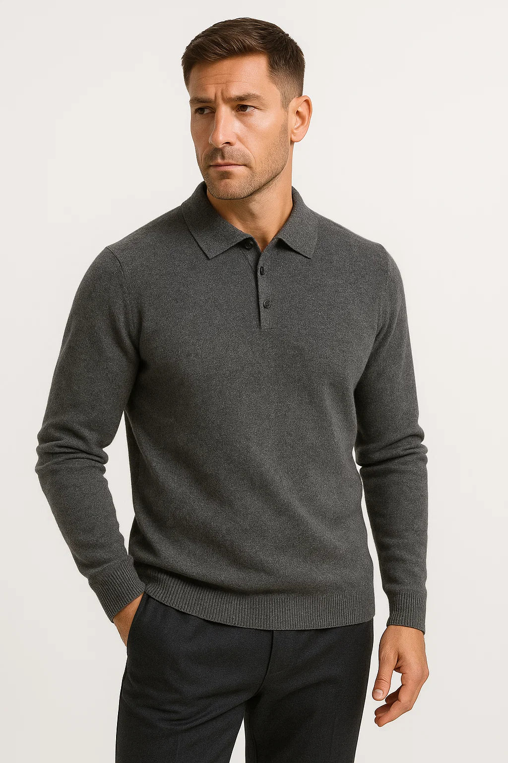 Men's Polo Sweater Merino Wool Long Sleeves Classic Knit