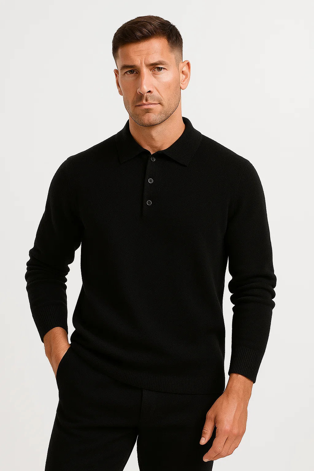 Men's Polo Sweater Merino Wool Long Sleeves Classic Knit