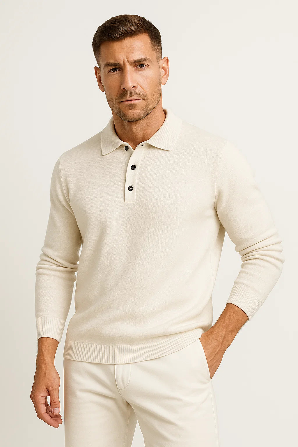 Men's Polo Sweater Merino Wool Long Sleeves Classic Knit