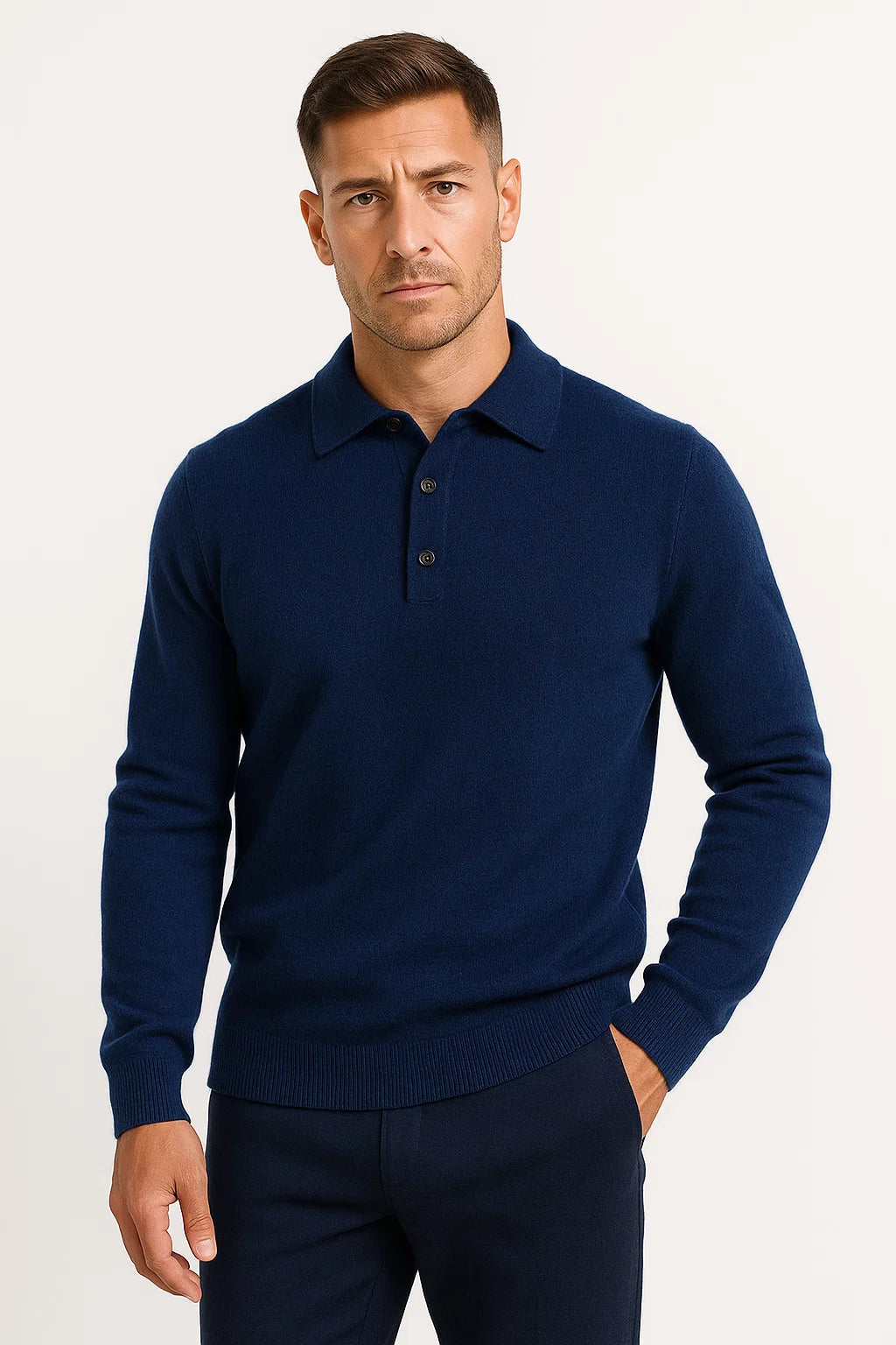 Men's Polo Sweater Merino Wool Long Sleeves Classic Knit