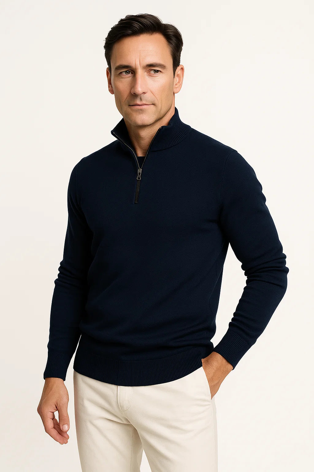 Men's Quarter Zip Jumper Cotton Blend Classic Fit Minimalist Design