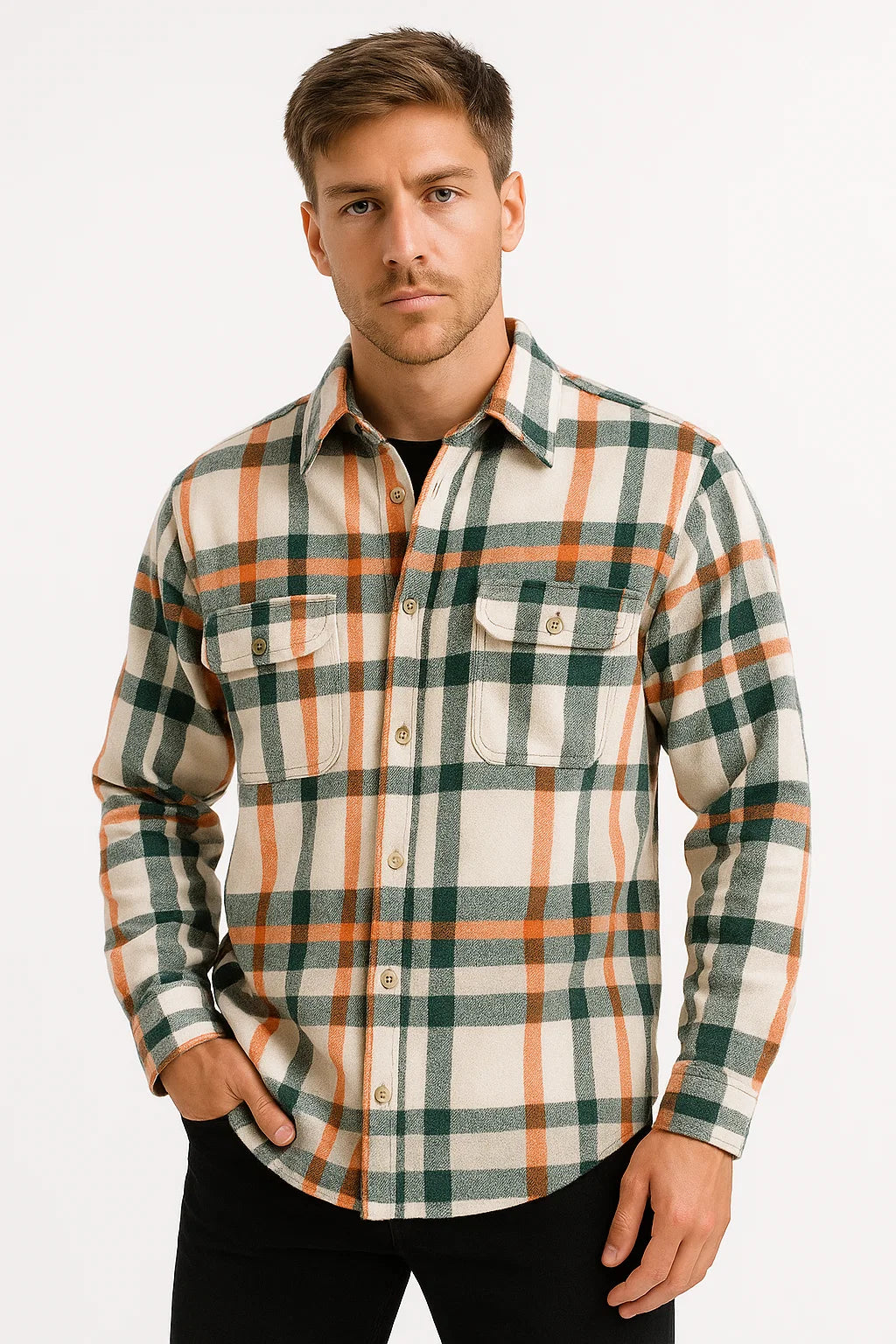 Men's Casual Shirt Cotton-Polyester Mix Long Sleeves Checked Khaki