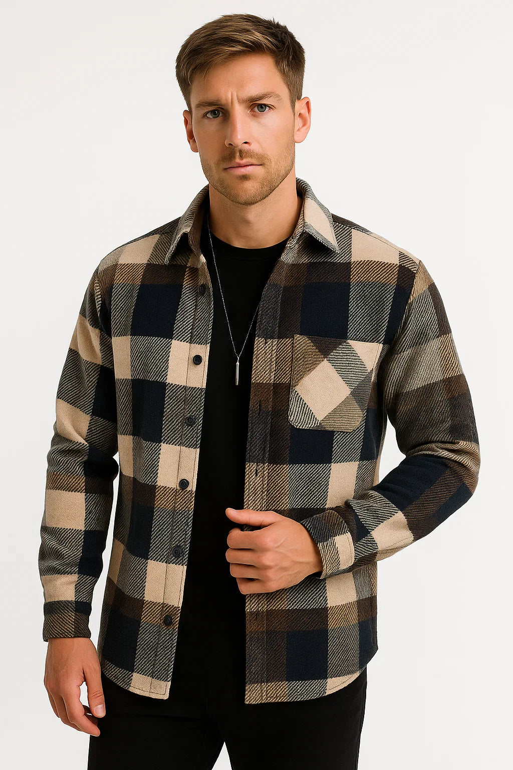 Men's Casual Shirt Cotton-Polyester Mix Long Sleeves Checked Khaki
