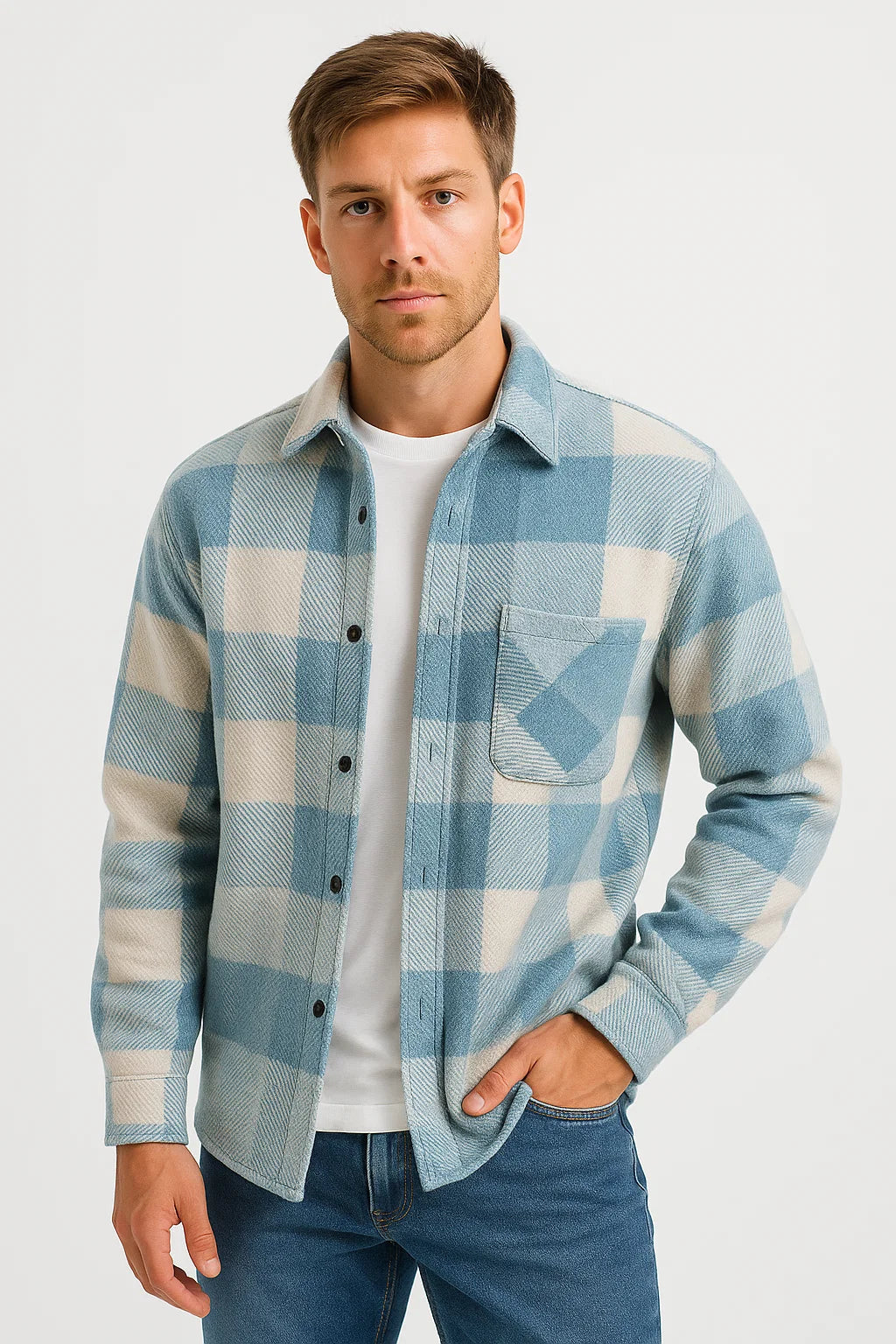 Men's Casual Shirt Cotton-Polyester Mix Long Sleeves Checked Khaki