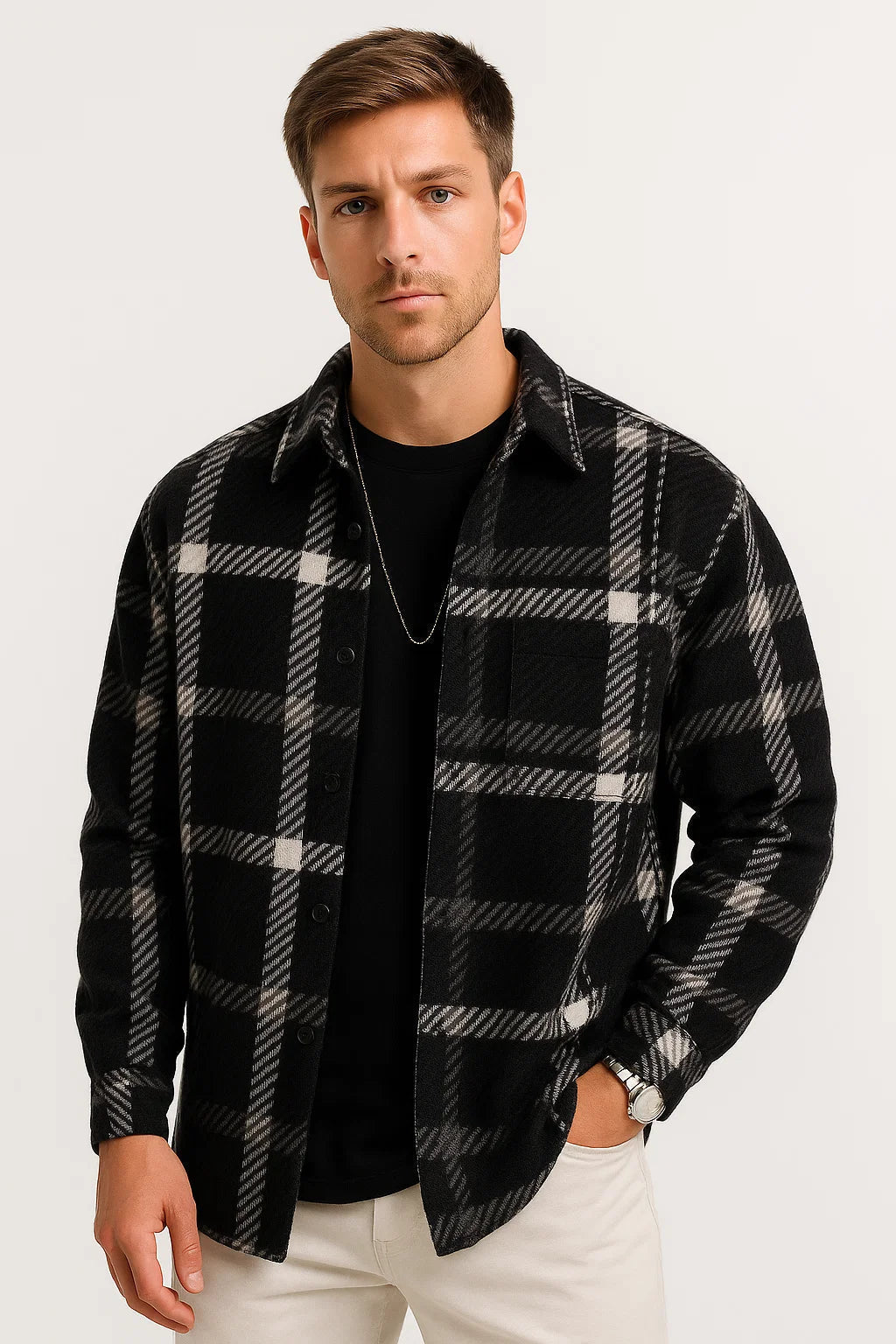 Men's Casual Shirt Cotton-Polyester Mix Long Sleeves Checked Khaki
