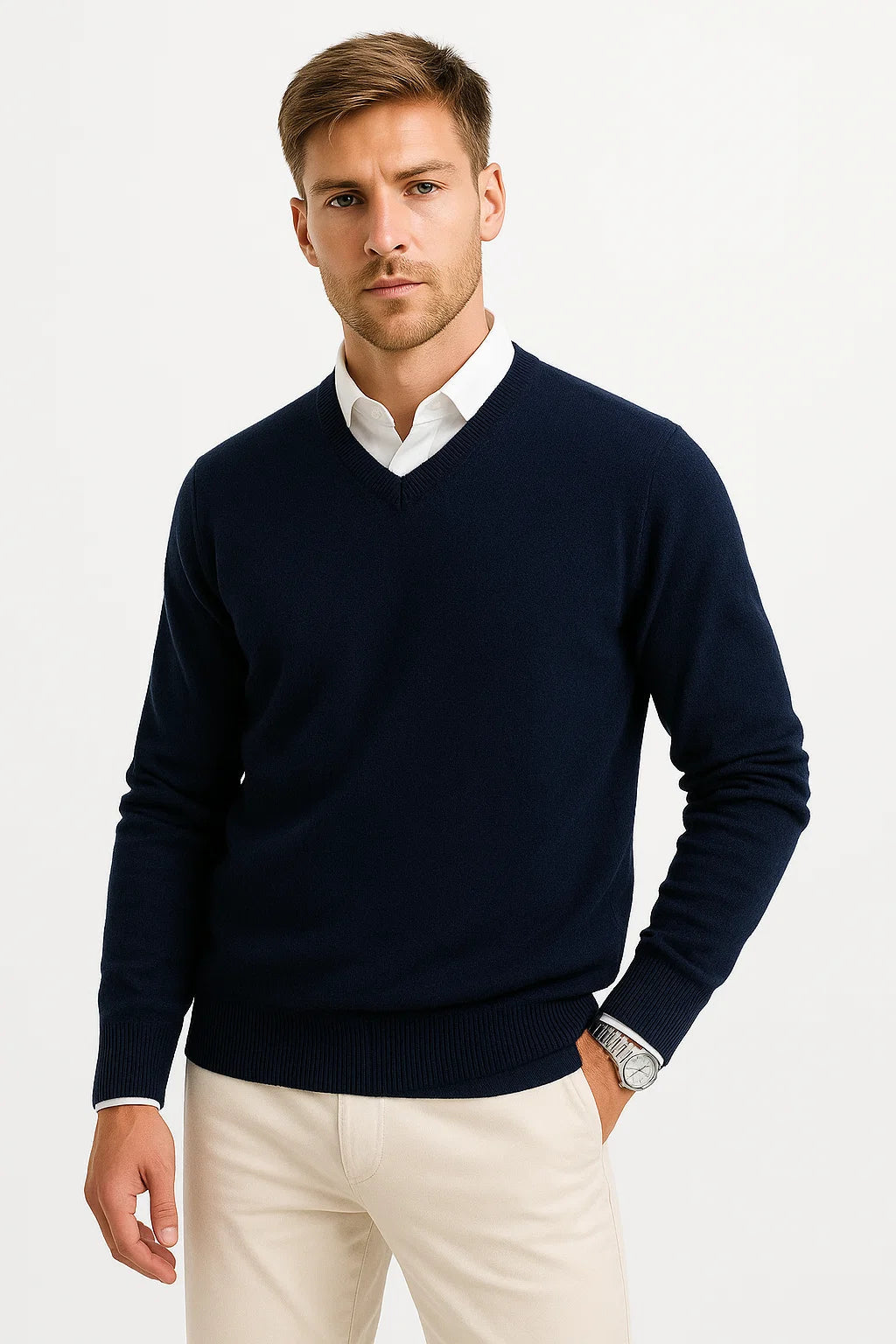 Men's Sweater Wool-Polyester Mix V-Neck Lightweight