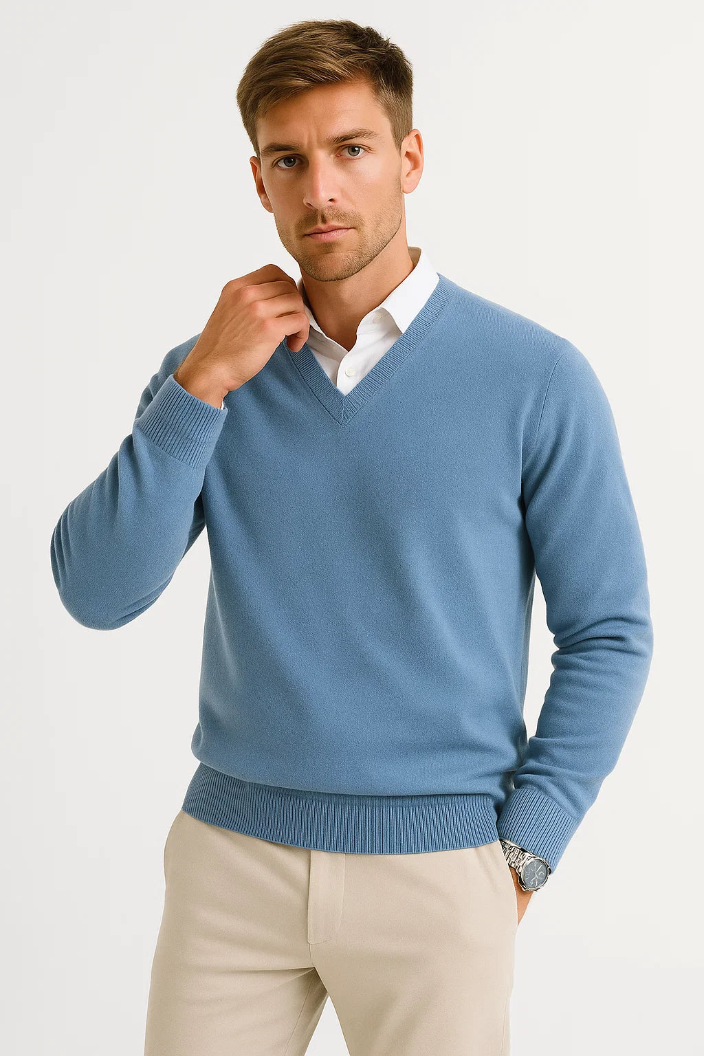 Men's Sweater Wool-Polyester Mix V-Neck Lightweight