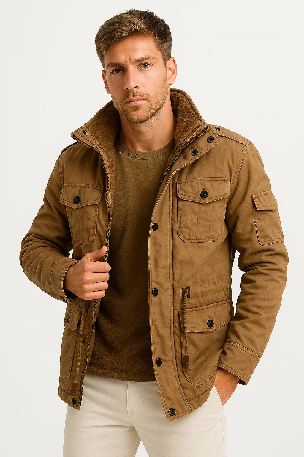 Men's Winter Jacket Army Green Fleece Thermal Hooded Casual Outdoor Jacket