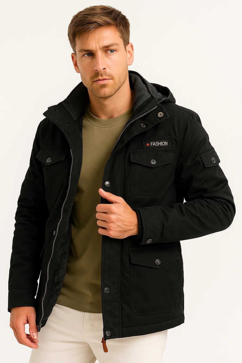 Men's Winter Jacket Army Green Fleece Thermal Hooded Casual Outdoor Jacket