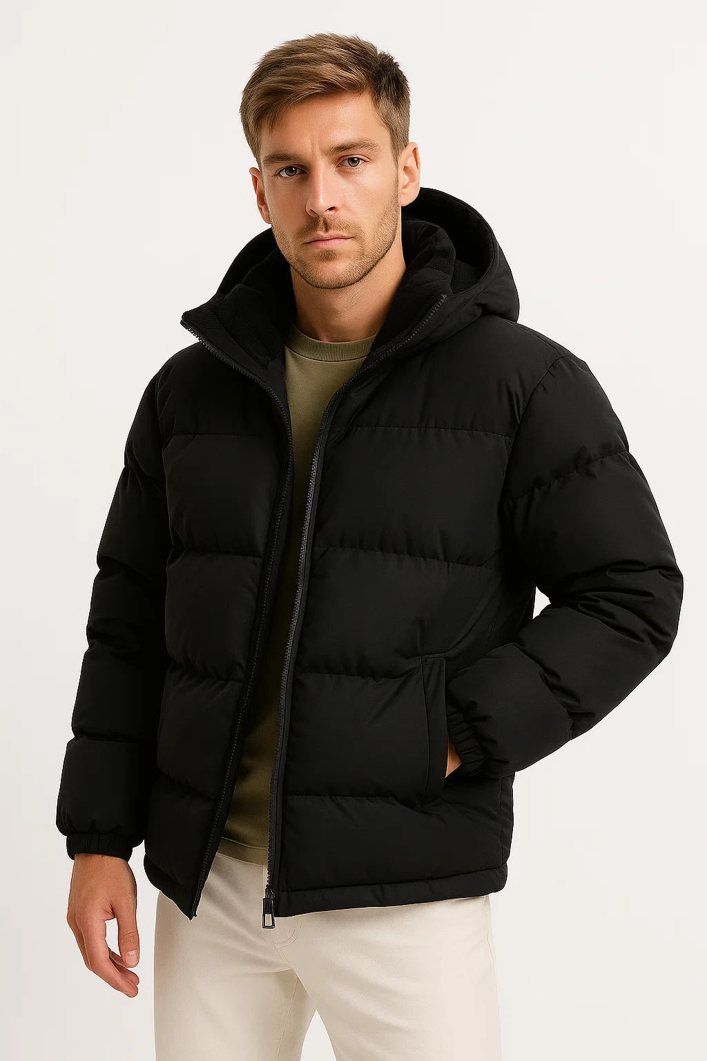 Lightweight Padded Jacket for Men with Hood and Pockets