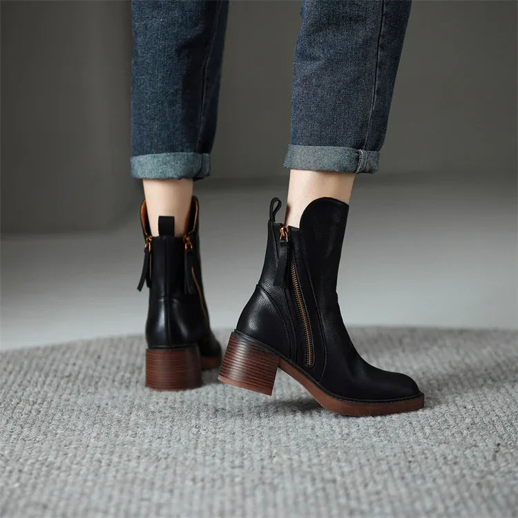 Chic Women's Authentic Leather Ankle Boots with Block Heel