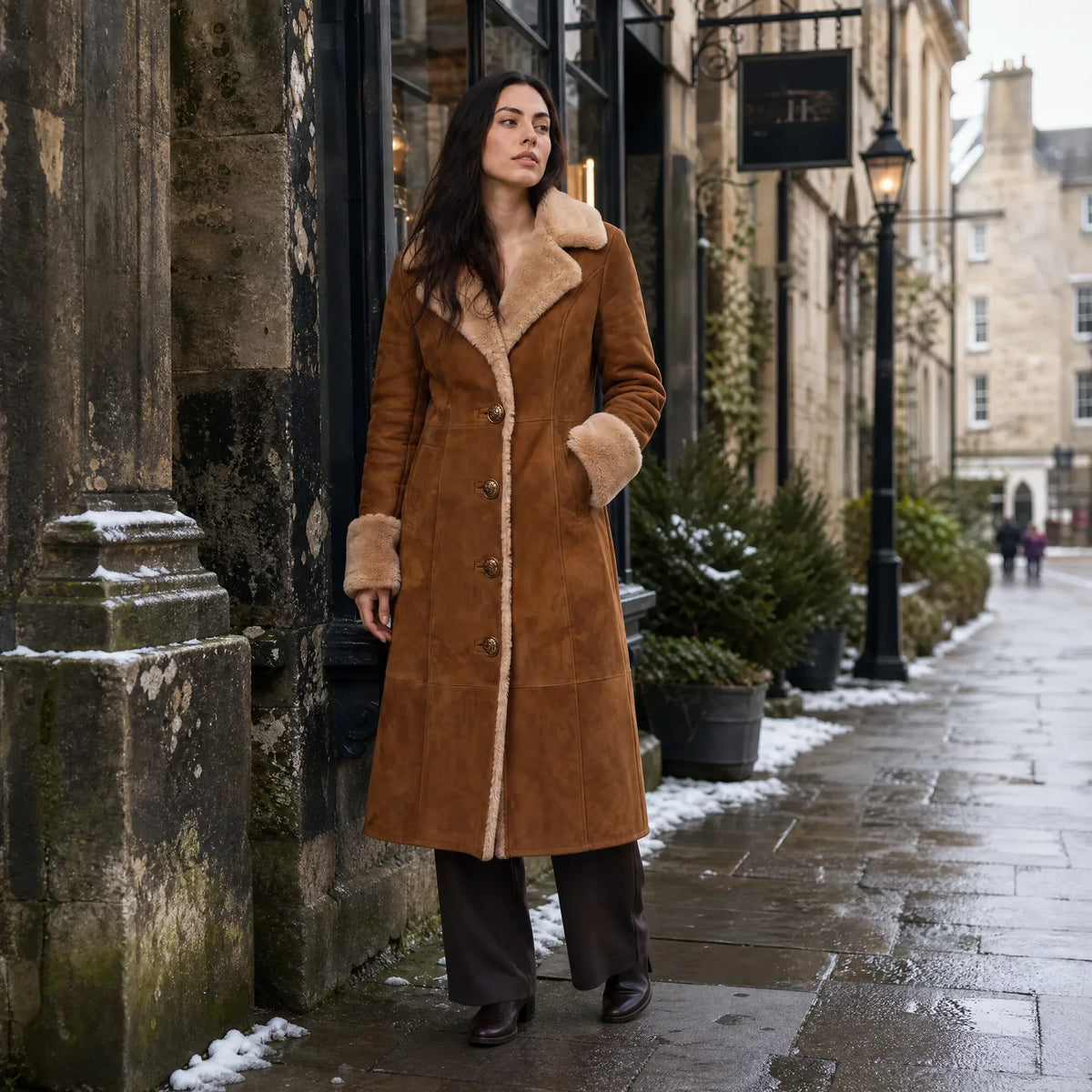 Long Winter Coat for Women in Suede with Fur Trim