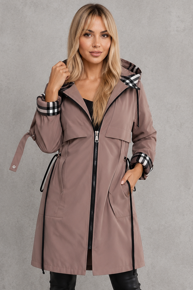 Women's Waterproof Hooded Jacket with Checked Trim