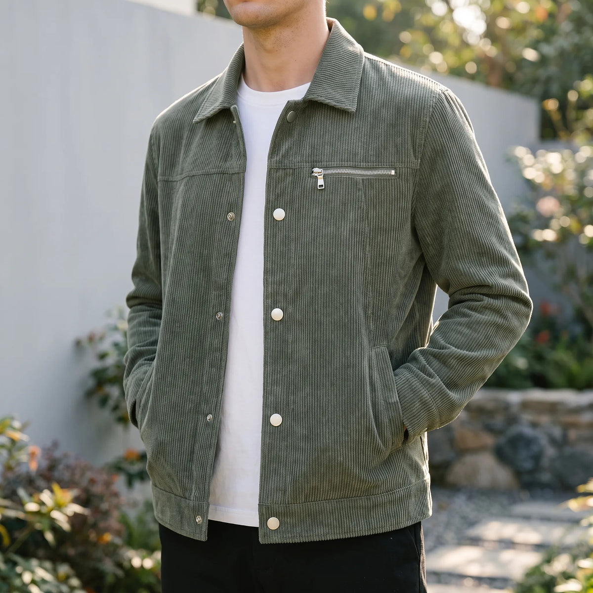 Men's Corduroy Jacket with Chest Pocket and Buttons
