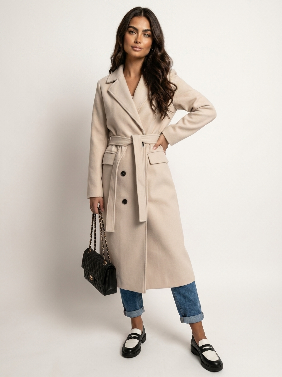 Long Winter Coat for Women with Belt