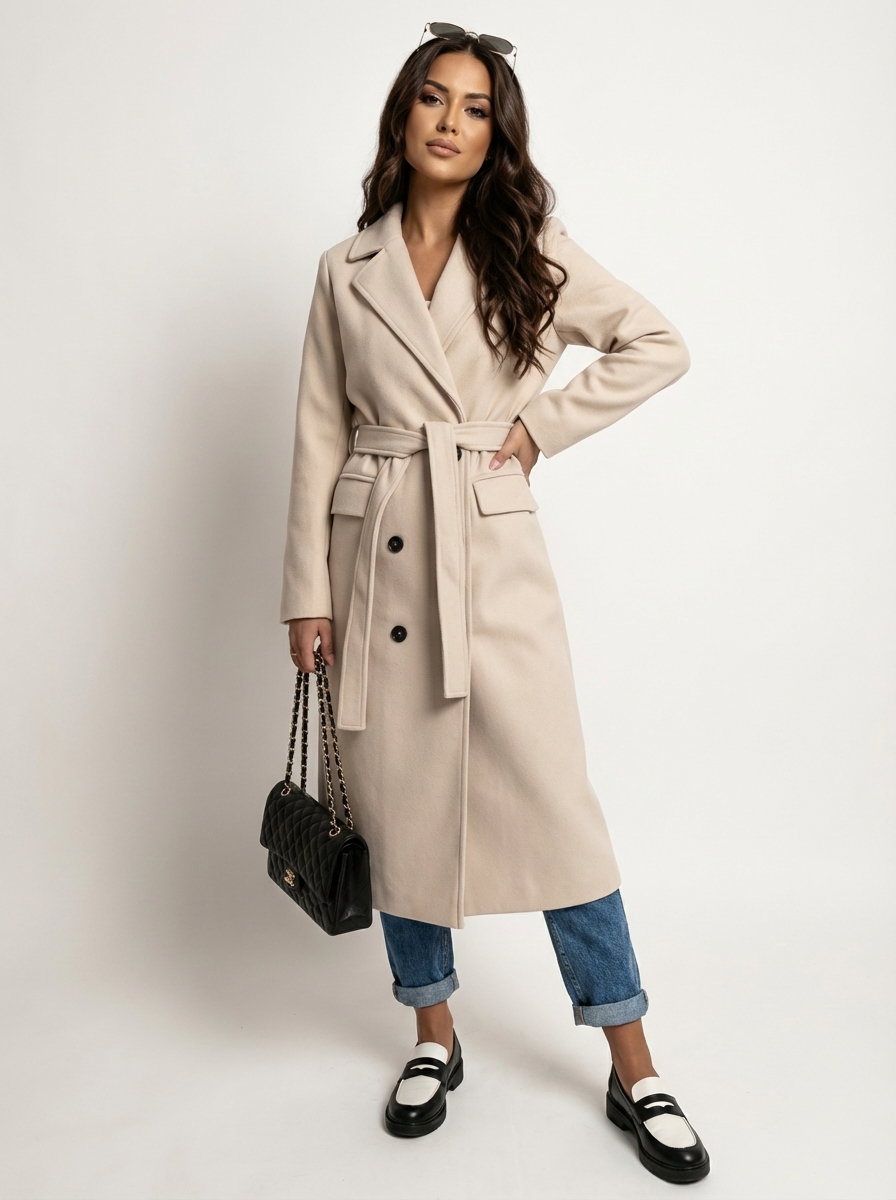 Long Winter Coat for Women with Belt
