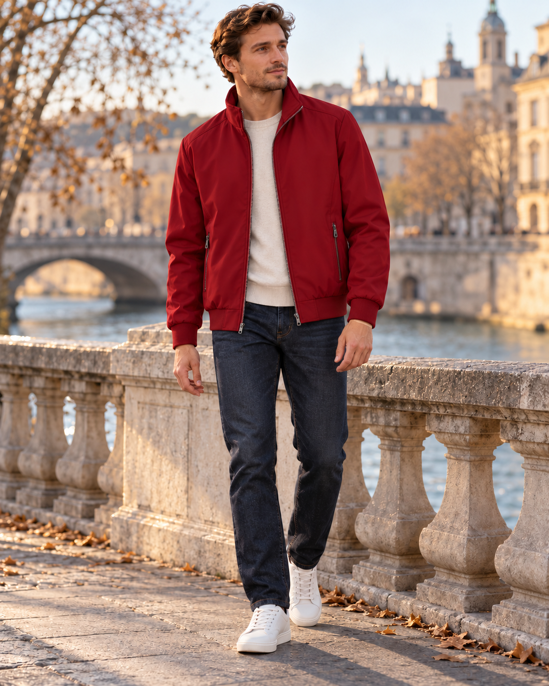 Marco Men's Lightweight High-Collar Polyester Bomber Jacket with Front Zip