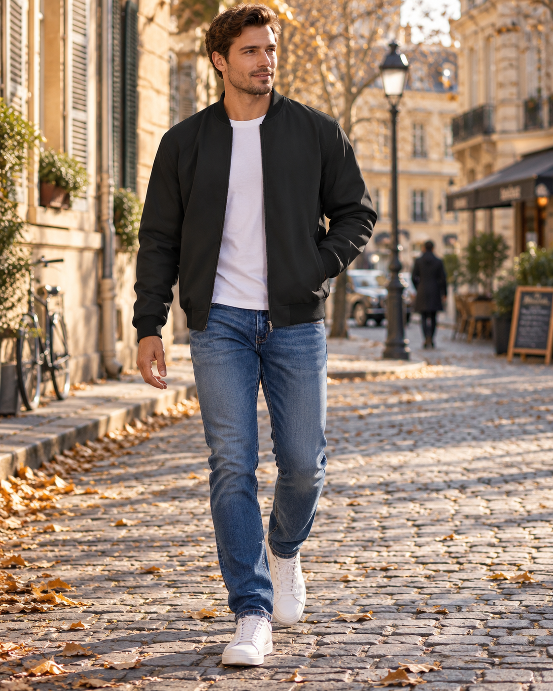 Gareth Men's Lightweight Zip-Up Bomber Jacket with Ribbed Collar and Side Pockets