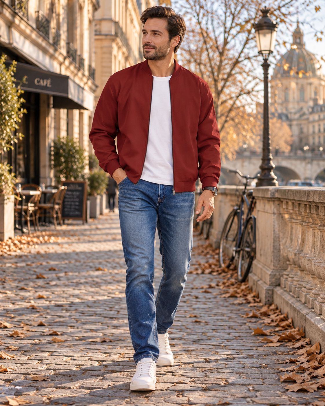 Gareth Men's Lightweight Zip-Up Bomber Jacket with Ribbed Collar and Side Pockets