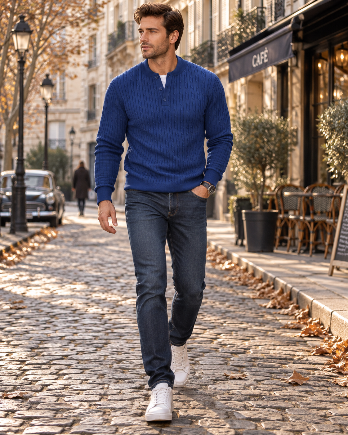 Men's Slim Fit Cable Knit Henley Pullover with Ribbed Cuffs