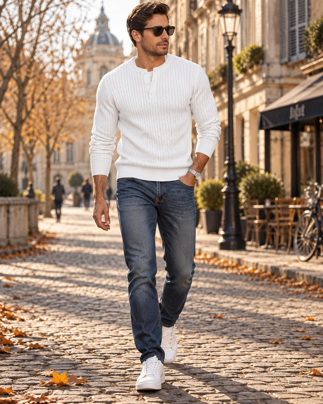 Men's Slim Fit Cable Knit Henley Pullover with Ribbed Cuffs
