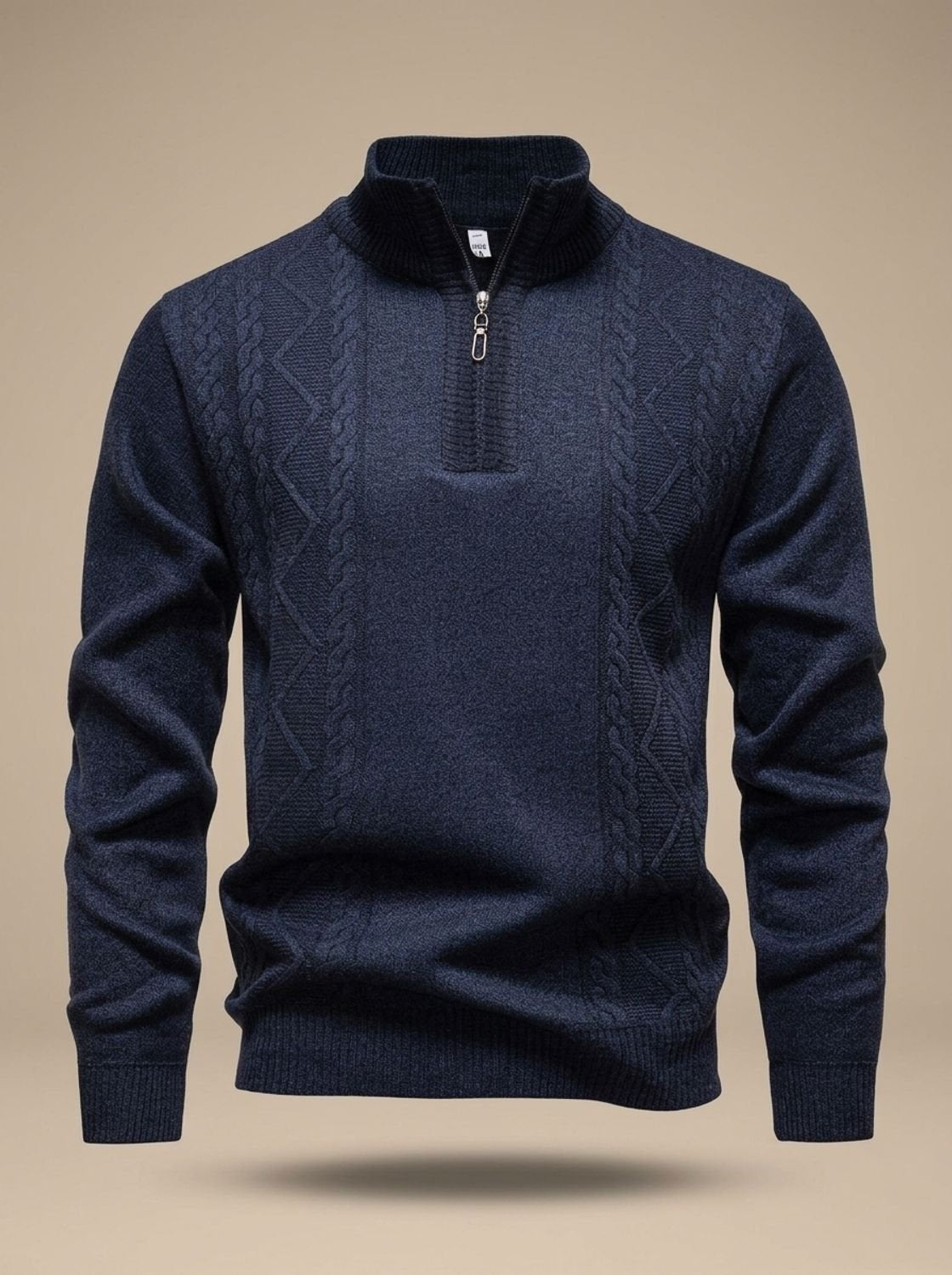 Men's Cable Knit Quarter Zip Sweater with Stand Collar and Ribbed Cuffs