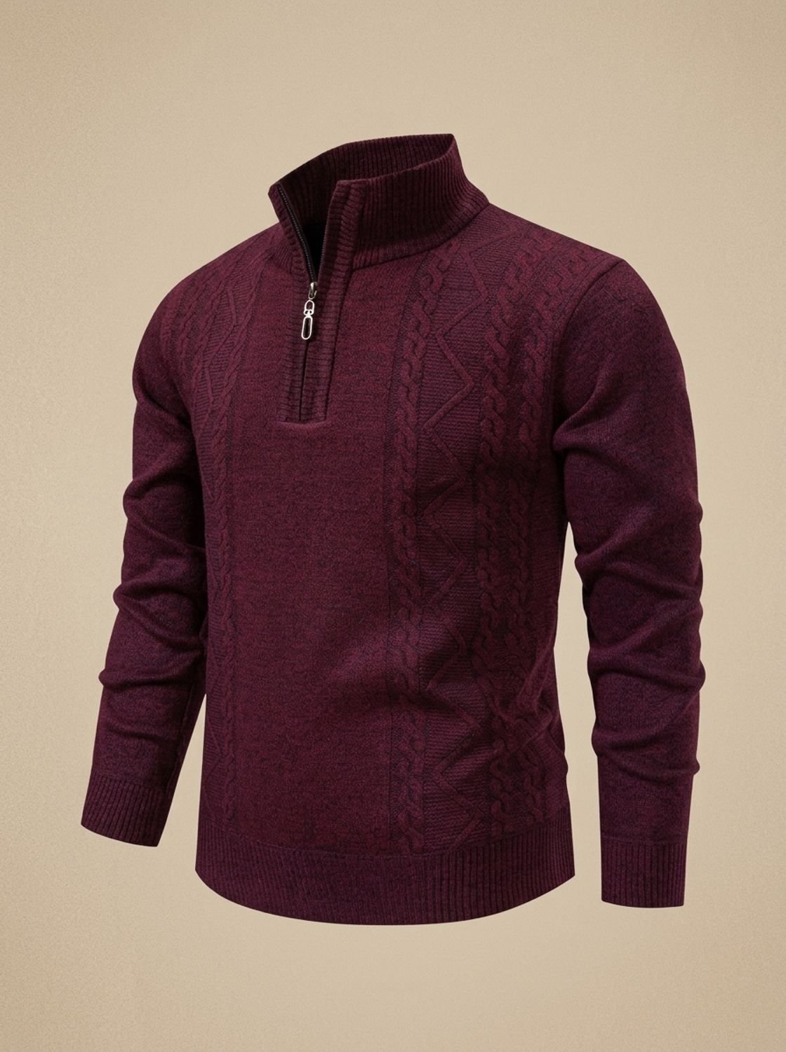 Men's Cable Knit Quarter Zip Sweater with Stand Collar and Ribbed Cuffs