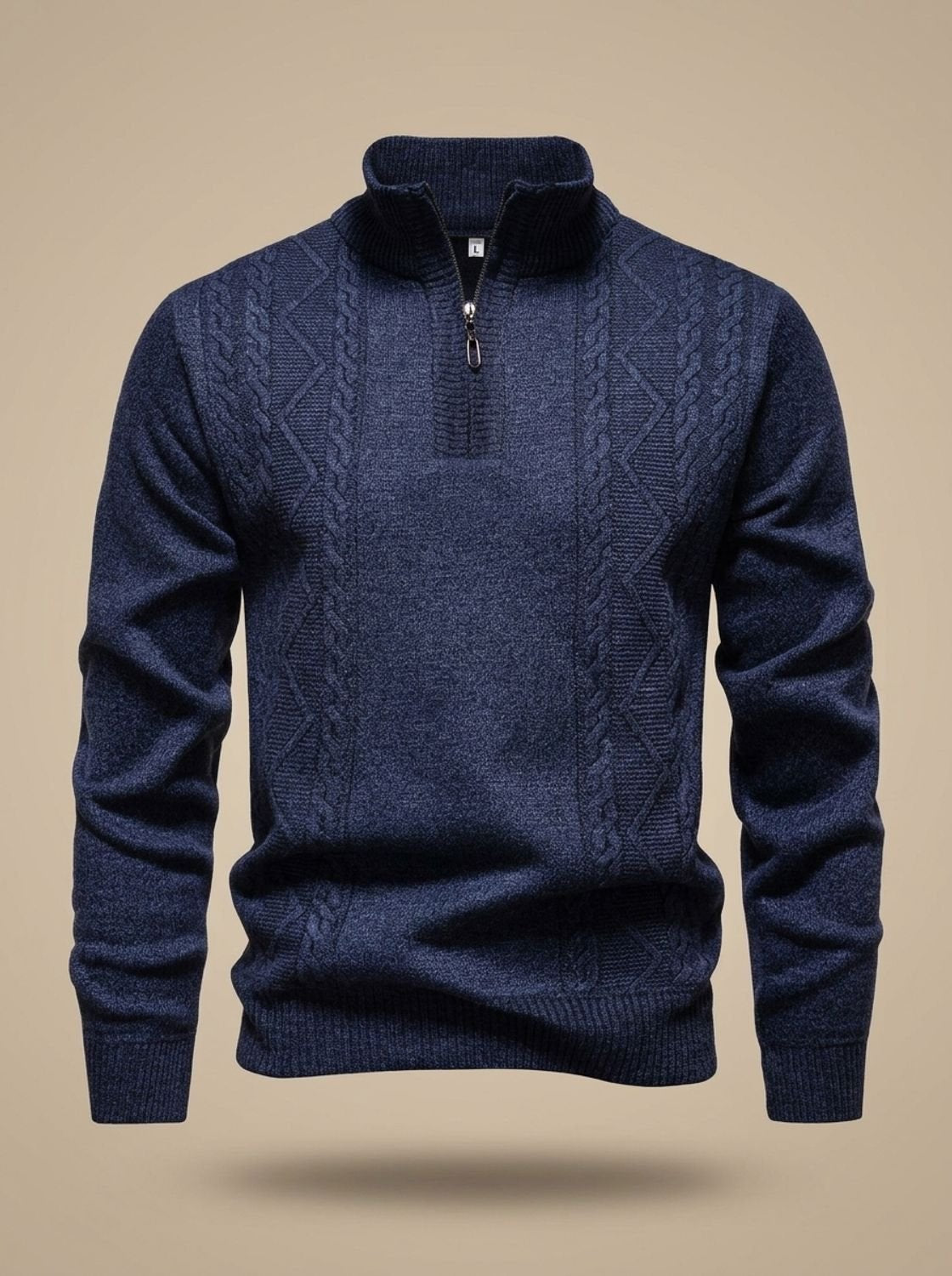 Men's Cable Knit Quarter Zip Sweater with Stand Collar and Ribbed Cuffs