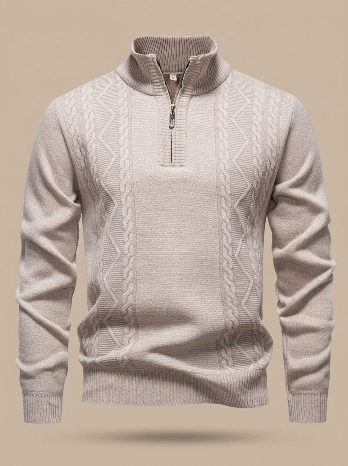 Men's Cable Knit Quarter Zip Sweater with Stand Collar and Ribbed Cuffs