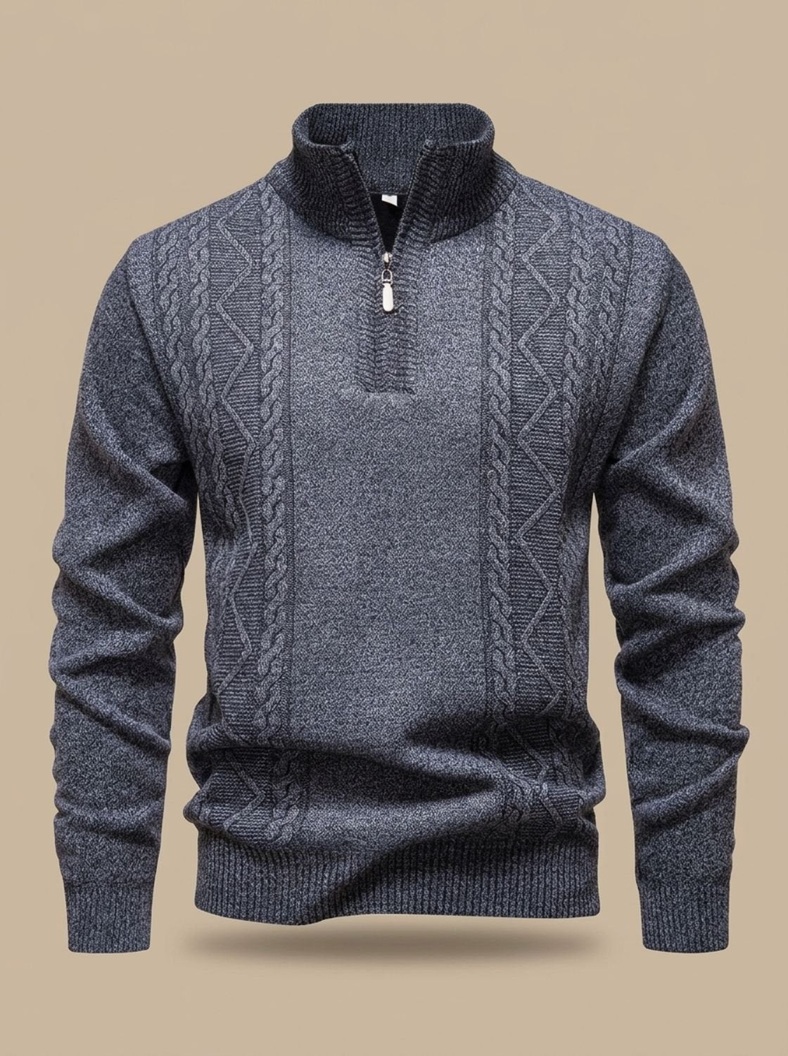 Men's Cable Knit Quarter Zip Sweater with Stand Collar and Ribbed Cuffs