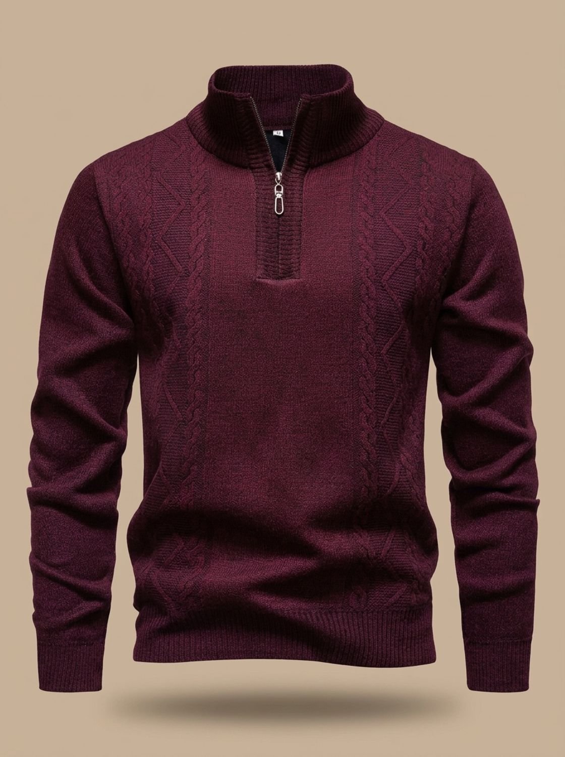 Men's Cable Knit Quarter Zip Sweater with Stand Collar and Ribbed Cuffs