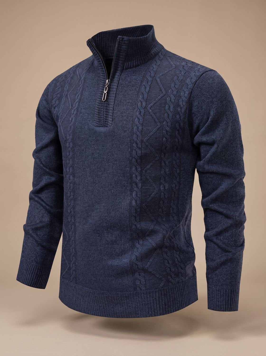 Men's Cable Knit Quarter Zip Sweater with Stand Collar and Ribbed Cuffs