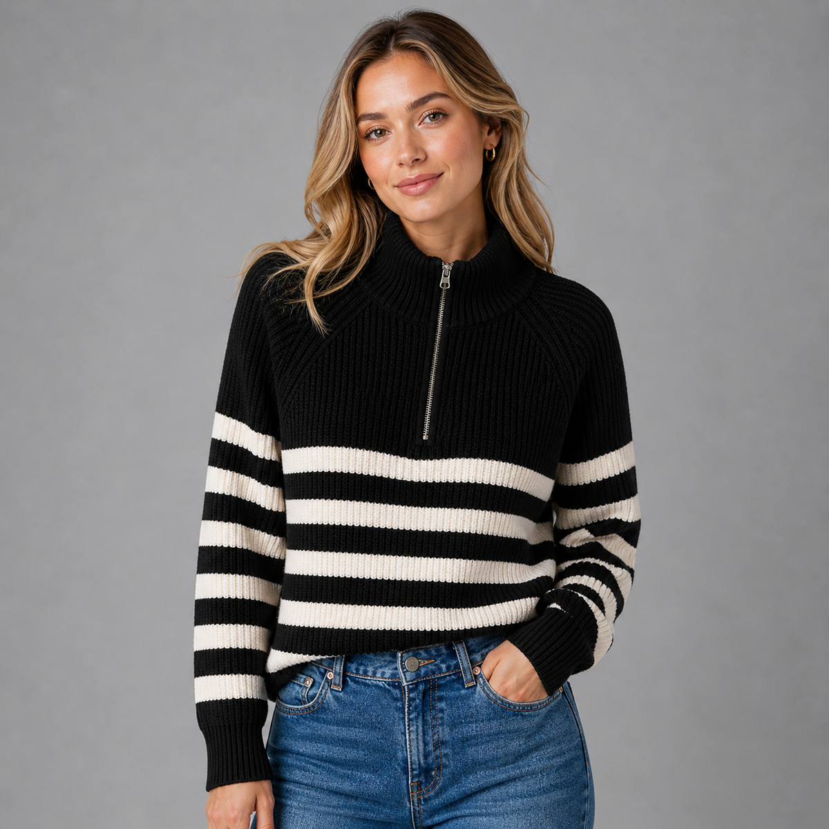 Men's Relaxed Fit Quarter Zip Sweater with Ribbed Texture and Contrast Stripes