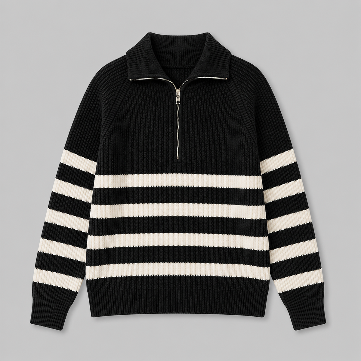 Men's Relaxed Fit Quarter Zip Sweater with Ribbed Texture and Contrast Stripes