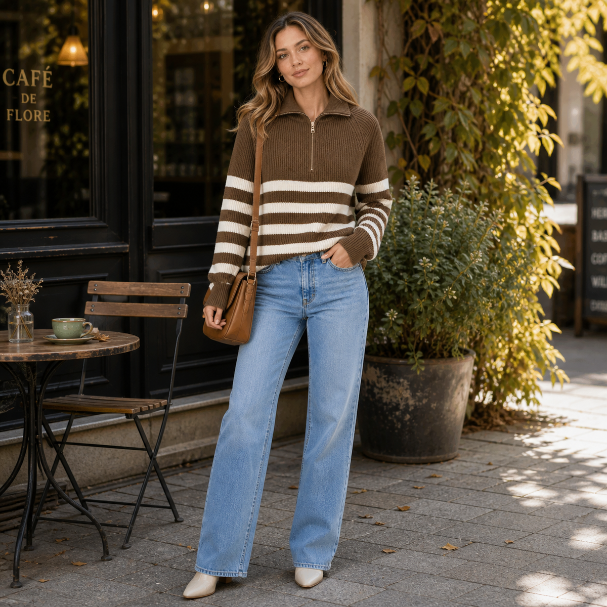 Men's Relaxed Fit Quarter Zip Sweater with Ribbed Texture and Contrast Stripes
