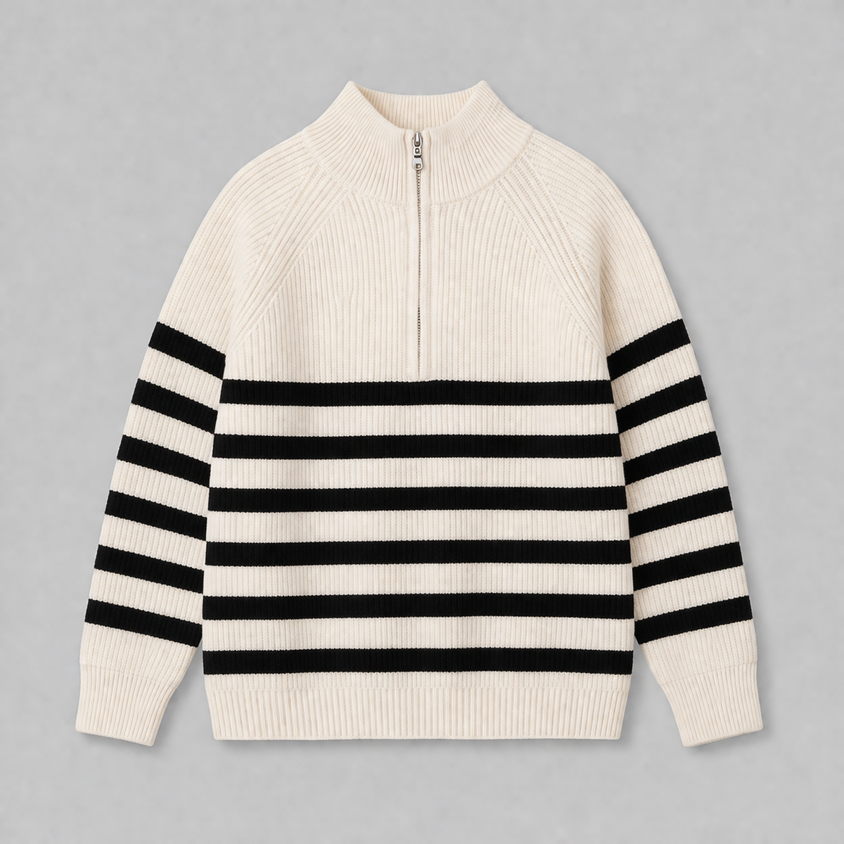 Men's Relaxed Fit Quarter Zip Sweater with Ribbed Texture and Contrast Stripes