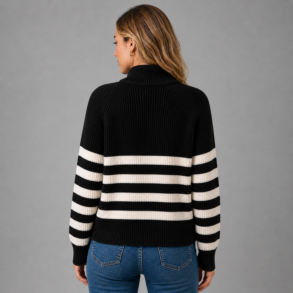 Men's Relaxed Fit Quarter Zip Sweater with Ribbed Texture and Contrast Stripes