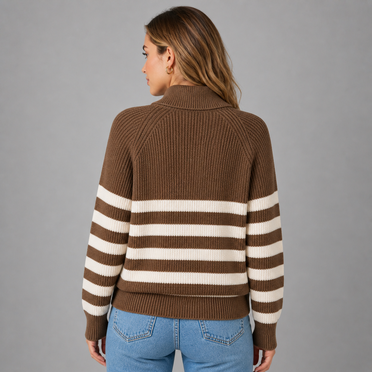 Men's Relaxed Fit Quarter Zip Sweater with Ribbed Texture and Contrast Stripes