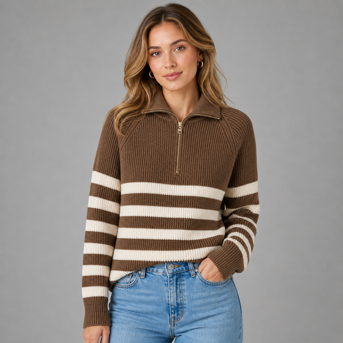 Men's Relaxed Fit Quarter Zip Sweater with Ribbed Texture and Contrast Stripes