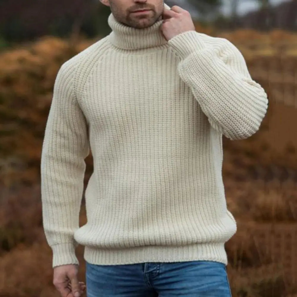 Men's Chunky Ribbed Turtleneck Sweater with Raglan Sleeves and High Collar