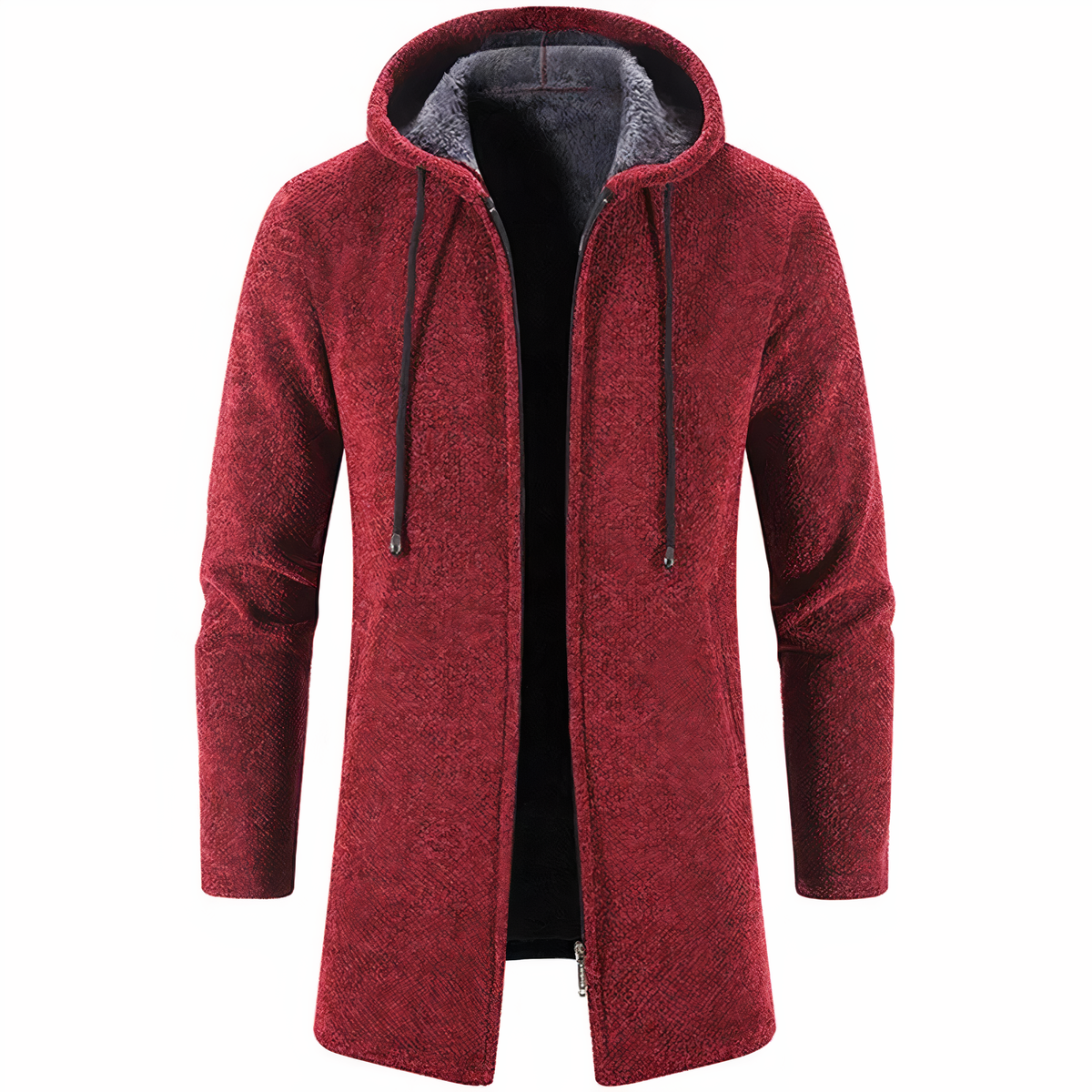 Men's Longline Textured Zip-Up Hoodie with Drawcord Hood and Pockets