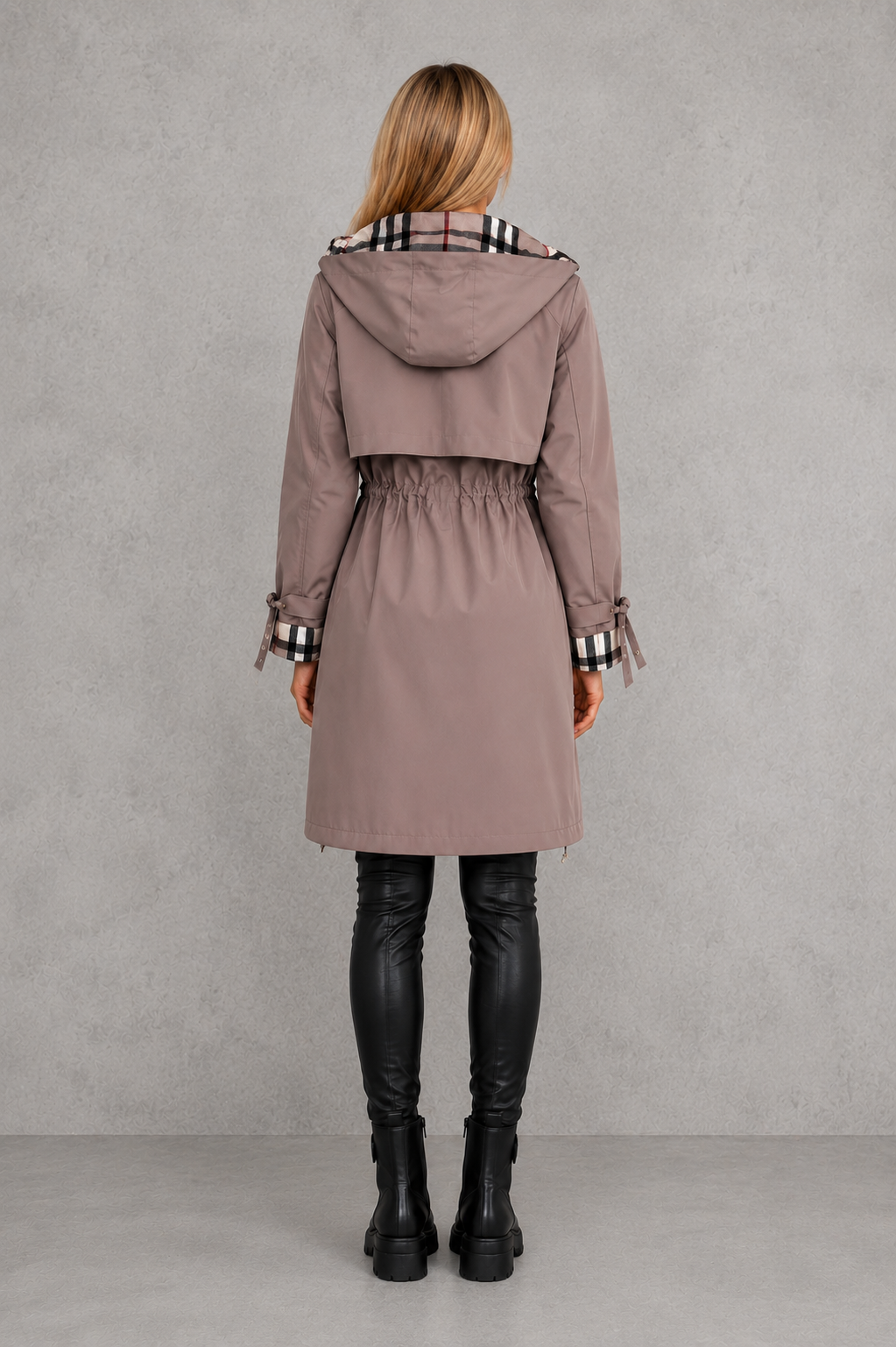 Women's Waterproof Hooded Jacket with Checked Trim