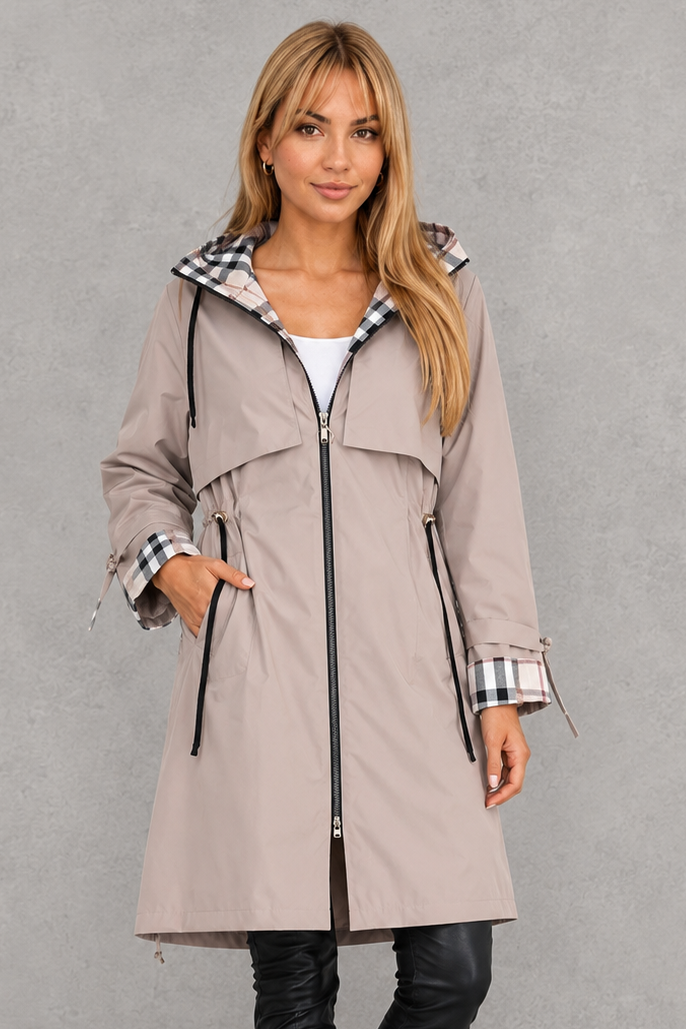Women's Waterproof Hooded Jacket with Checked Trim