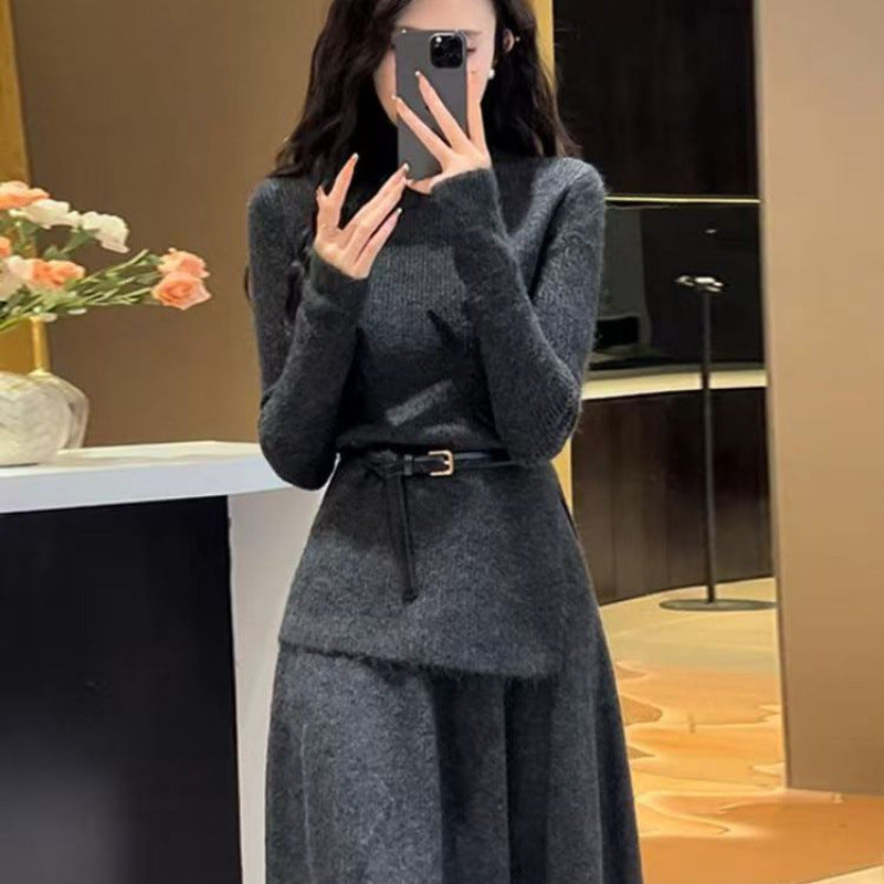 Asymmetrical Hem Knitted Midi Dress with Belt